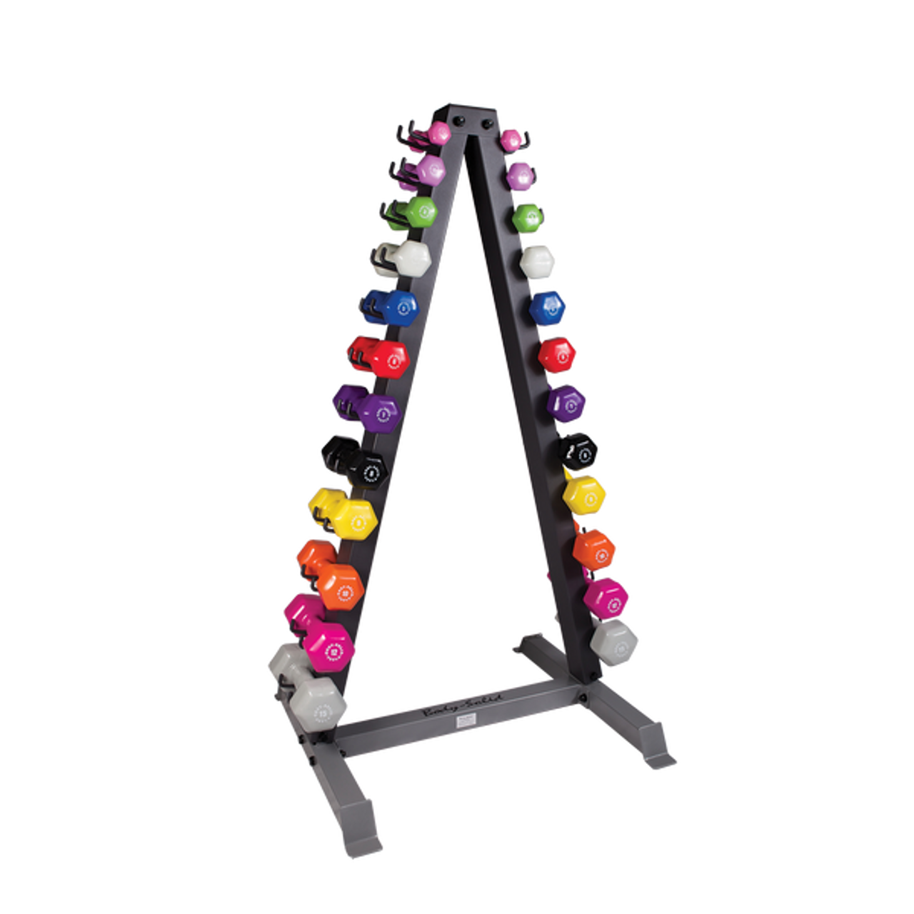 BODY SOLID 12 PAIRS VINYL DUMBBELLS 1-15LBS, WITH RACK